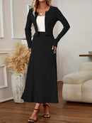 Elegant Long Sleeve Cardigan Dress Two-Piece Set - Fall/Winter Style, Solid Color A-Line Dress with Buttoned Front, Perfect for Commuting, Office Attire, Office Attire|Elegant Dress|Sleek Fit