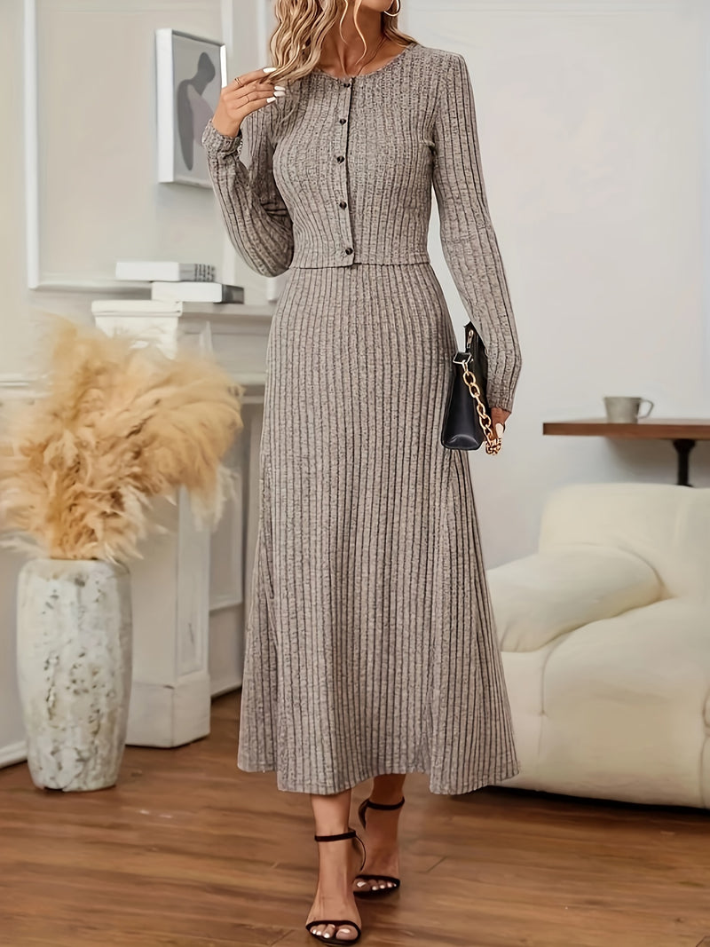 Elegant Long Sleeve Cardigan Dress Two-Piece Set - Fall/Winter Style, Solid Color A-Line Dress with Buttoned Front, Perfect for Commuting, Office Attire, Office Attire|Elegant Dress|Sleek Fit