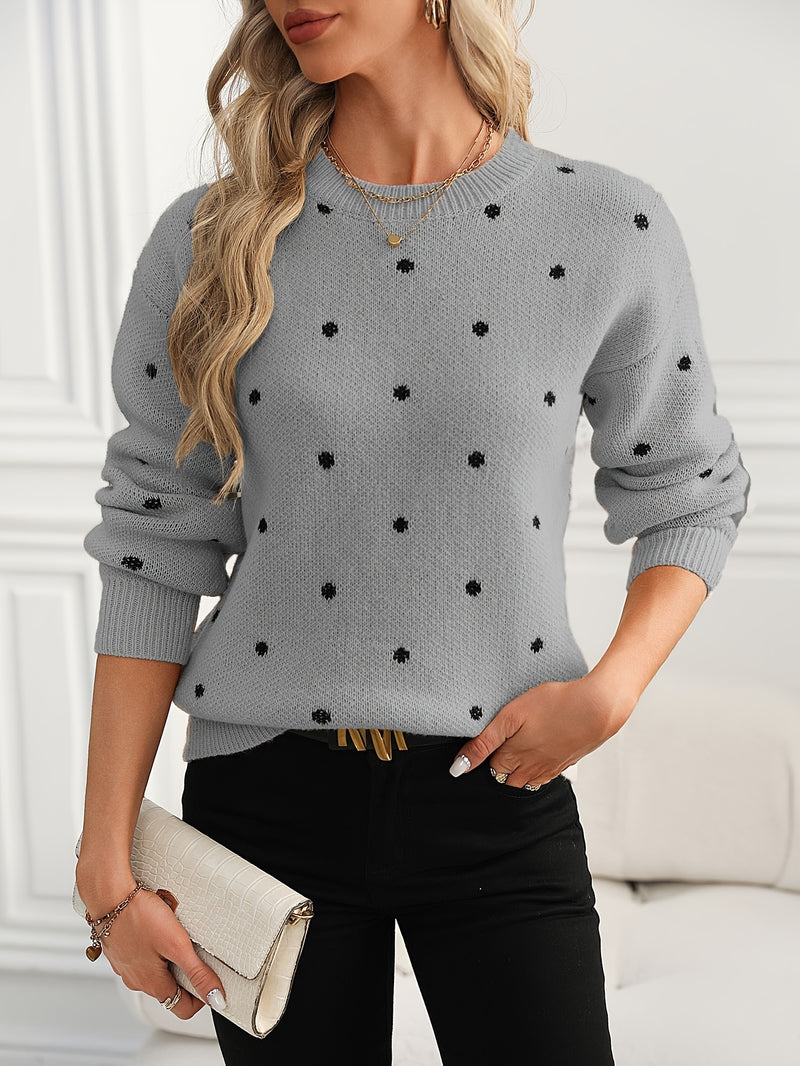 Women'S Red Polka Dot Crew Neck Sweater - Casual Long Sleeve Pullover with Ruffled Hem, Soft & Cozy Fall/Winter Top, Perfect for Casual Attire, Cozy Sweater, Polka Dot Sweater For Women, Polka Dot Long Sleeve Top, Polka Dot B