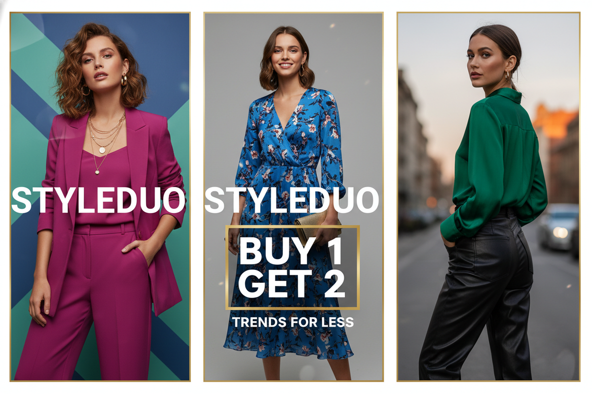 gere uma imagem pra slide da minha loja baseada na moda femenina, e imdica que temos oferta de compre 1 leve 2 e nome da loja STYLEDUO mas deve ser tudo em ingles